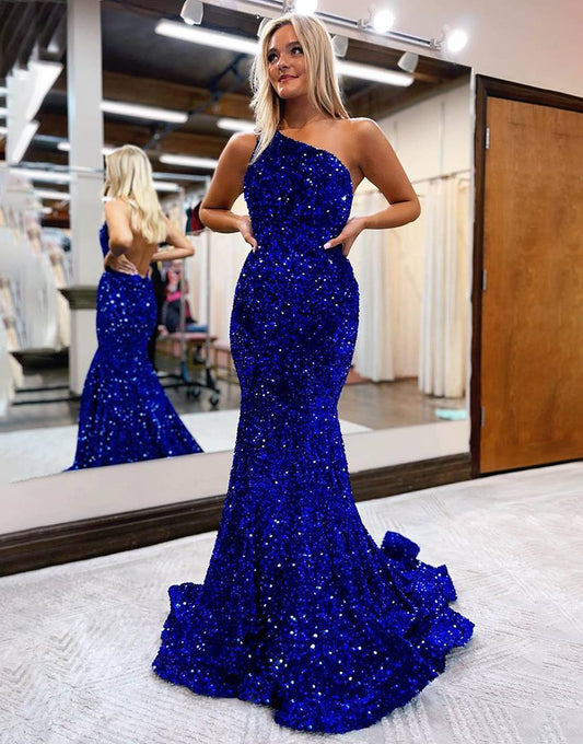 Mermaid Sequin One Shoulder Backless Prom Dress