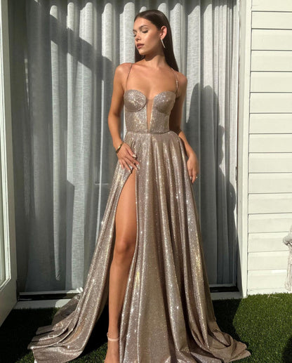 Glitter Spaghetti Strap A-Line Long Prom Dress