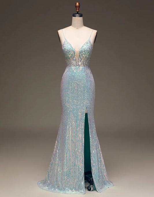 Mermaid Sparkly Sequins Grey Blue Long Prom Dress with Silt