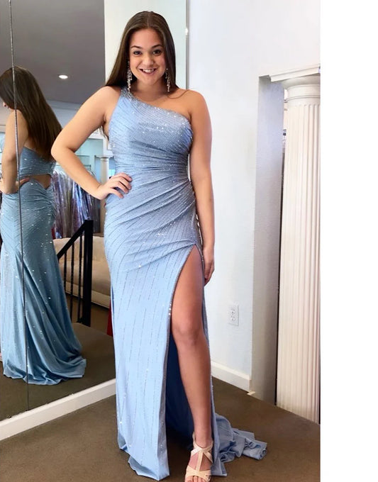 Mermaid One Shoulder Sequin Long Prom Dress With Slit