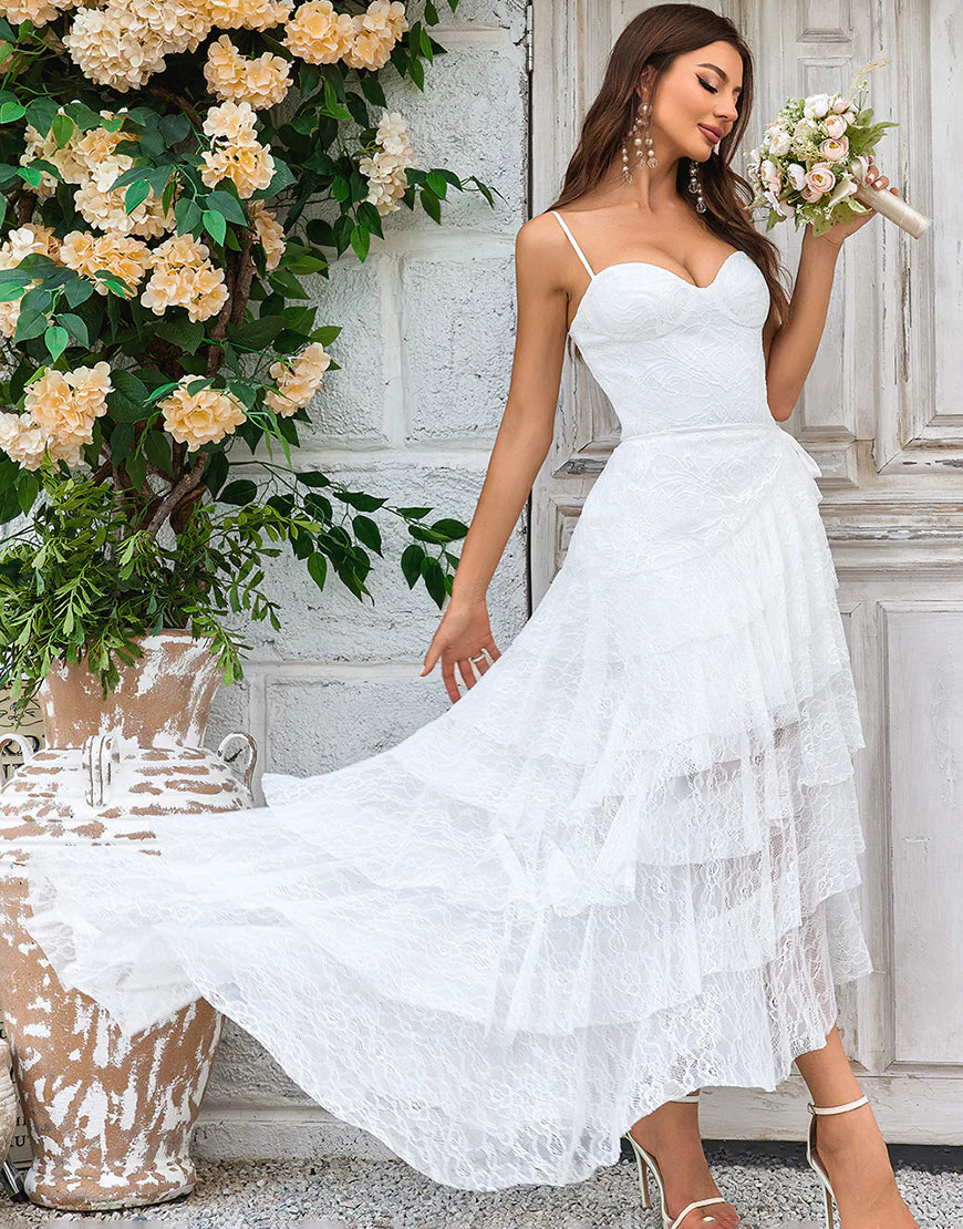 Lace Asymmetrical Detachable Train Boho Wedding Dress