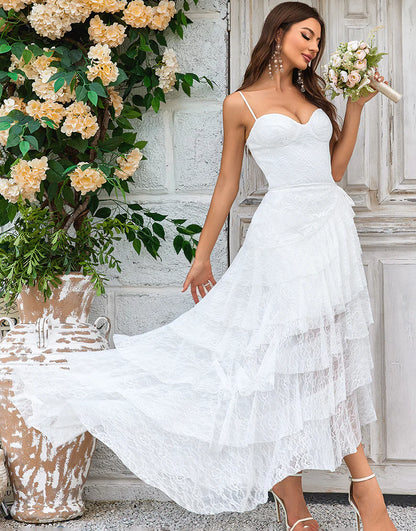 Lace Asymmetrical Detachable Train Boho Wedding Dress