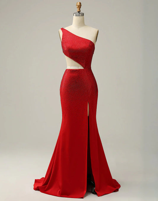 One Shoulder Red Mermaid Prom Dress With Hollow-Out
