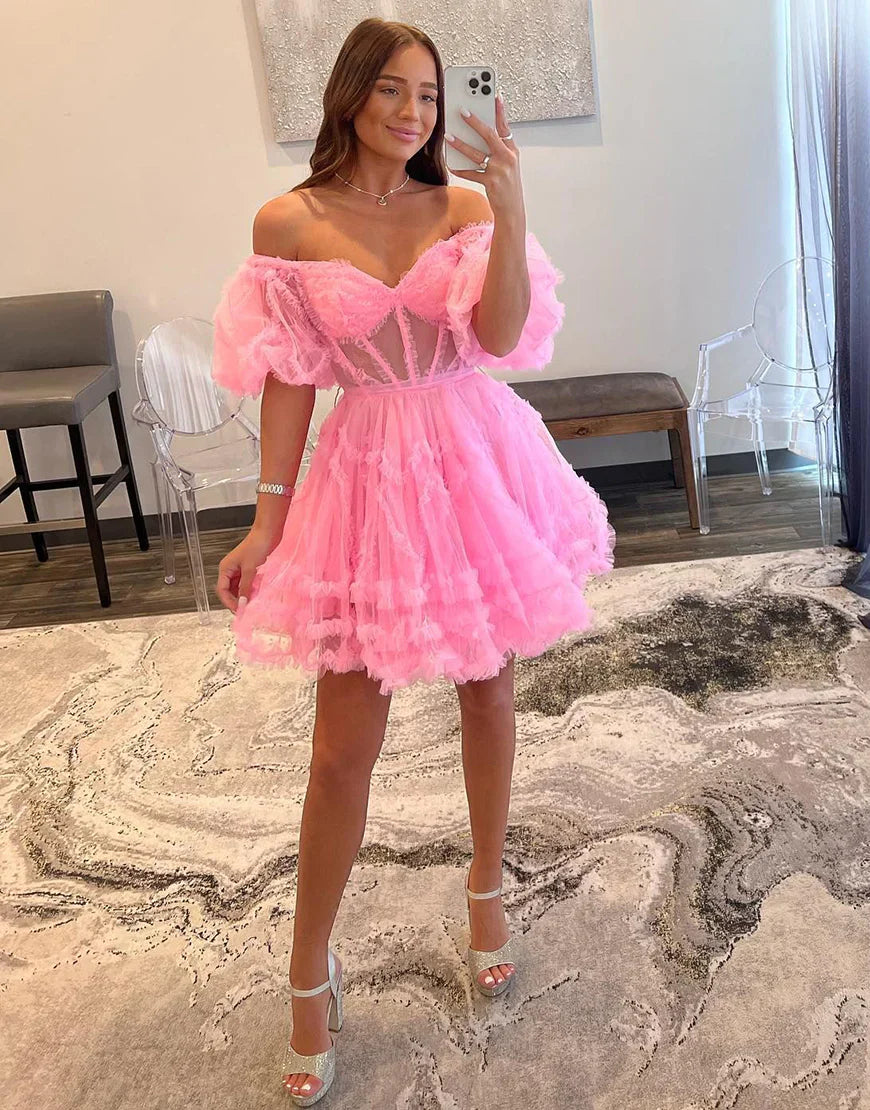 Off the Shoulder Pink A Line Corset Homecoming Dress