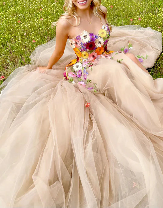 A Line Sweetheart Flower Long Prom Dress With Appliques