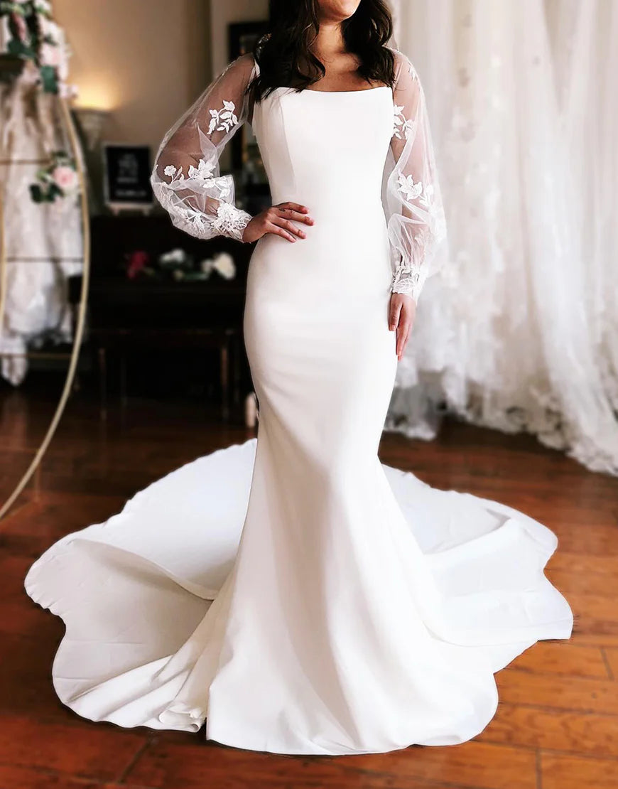 Satin Mermaid Wedding Dress with Detachable Sleeves
