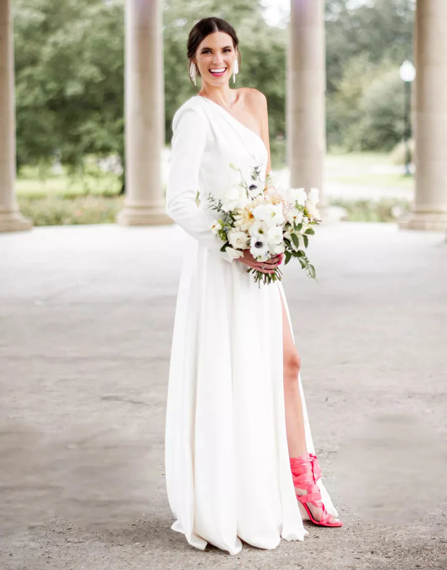 Satin One Shoulder Wedding Dress with Sleeve