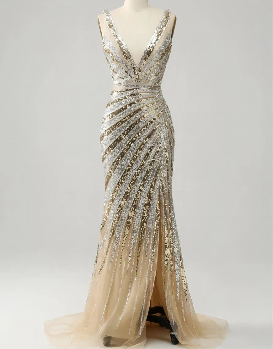 Mermaid Deep V Neck Long Prom Dress with Silt