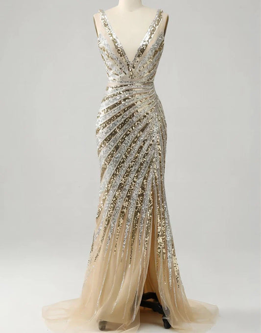 Mermaid Deep V Neck Long Prom Dress with Silt
