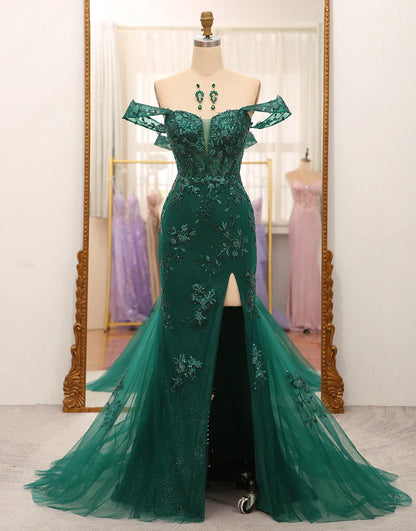 Stylish Mermaid Off the Shoulder Dark Green Corset Prom Dress with Split Front