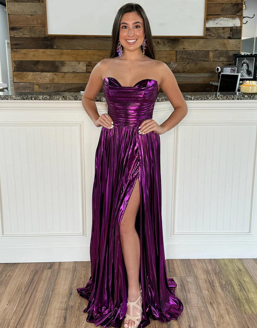 A-Line Strapless Long Pleated Prom Dresses with Slit