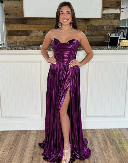 A-Line Strapless Long Pleated Prom Dresses with Slit