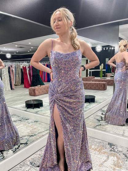 Spaghetti Straps Sequin Prom Dress With Slit