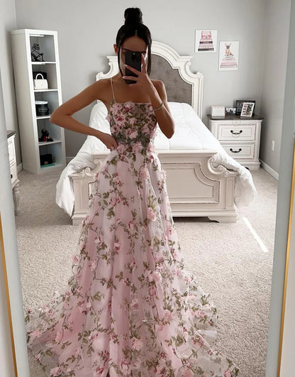 Pink A Line Embroidery Lace Appliques Side Slit Prom Dress
