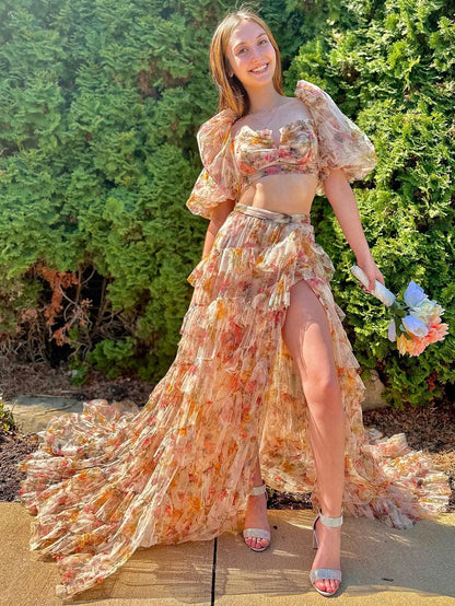 Square Neck A Line 2 Piece Flower Long Prom Dress