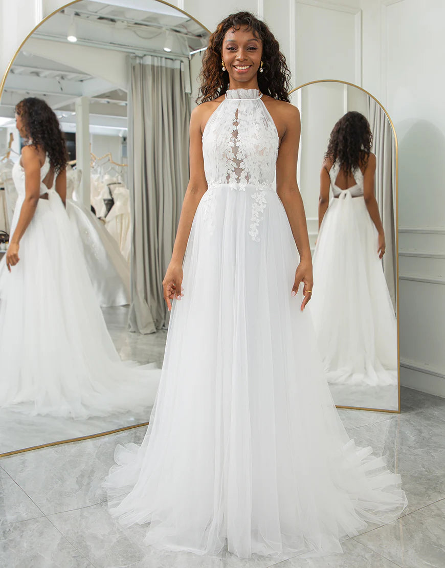 A Line Halter Open Back Wedding Dress