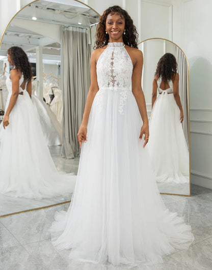 A Line Halter Open Back Wedding Dress