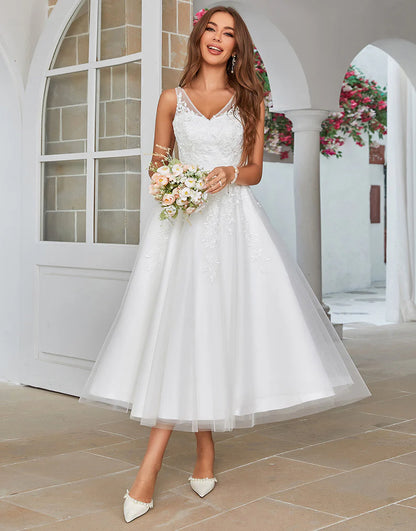 Mid-Calf Tulle Wedding Dress with Lace