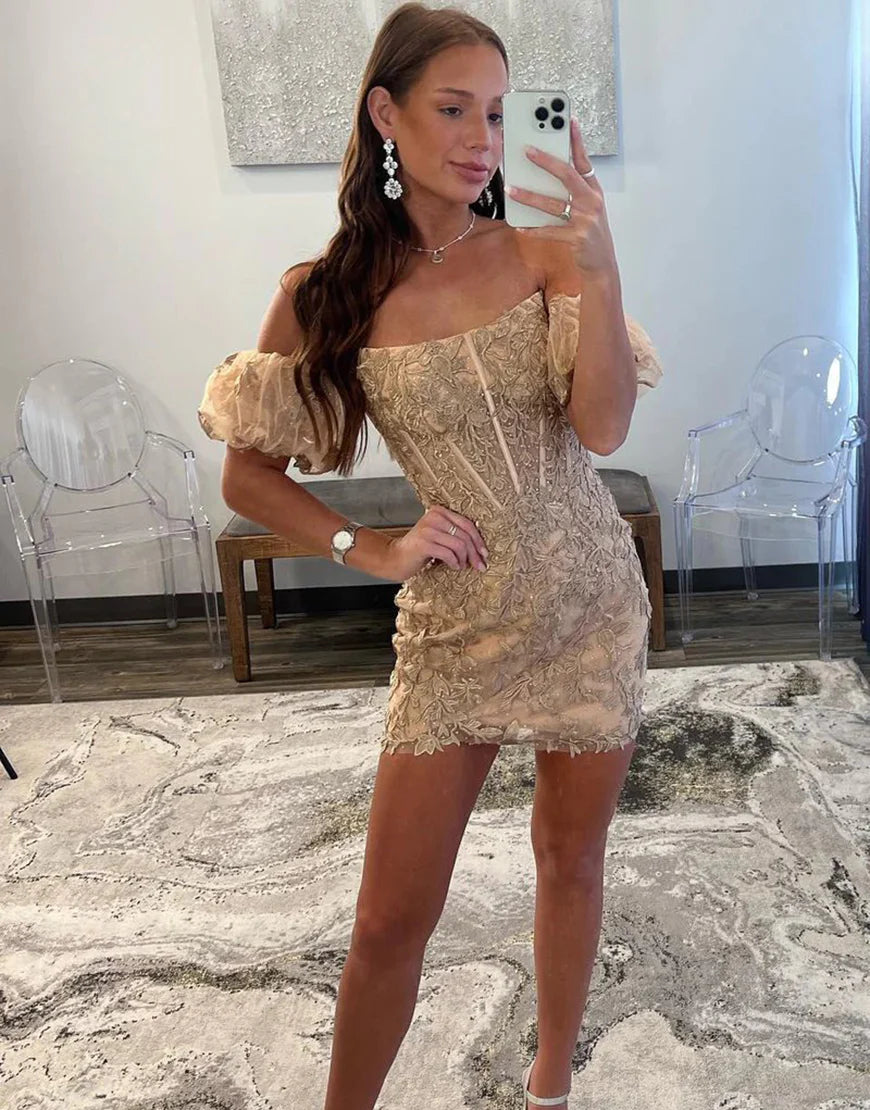 Off the Shoulder Champagne Tight Corset Homecoming Dress with Appliques