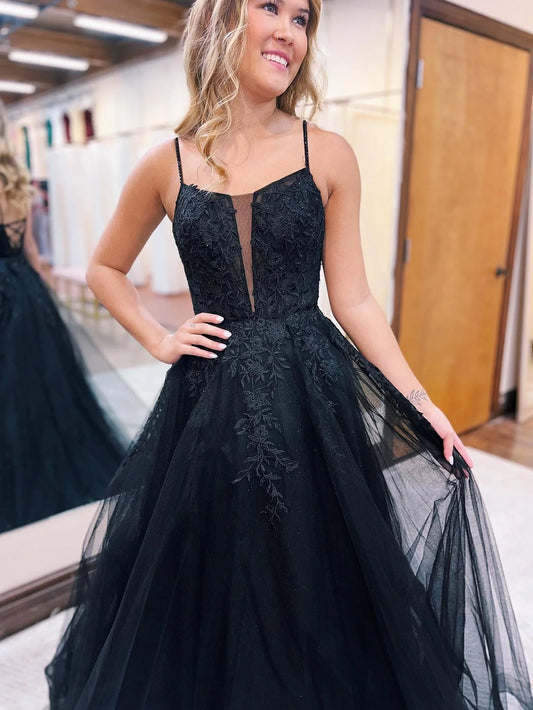 Tulle Spaghetti Straps A Line Prom Dress with Appliques