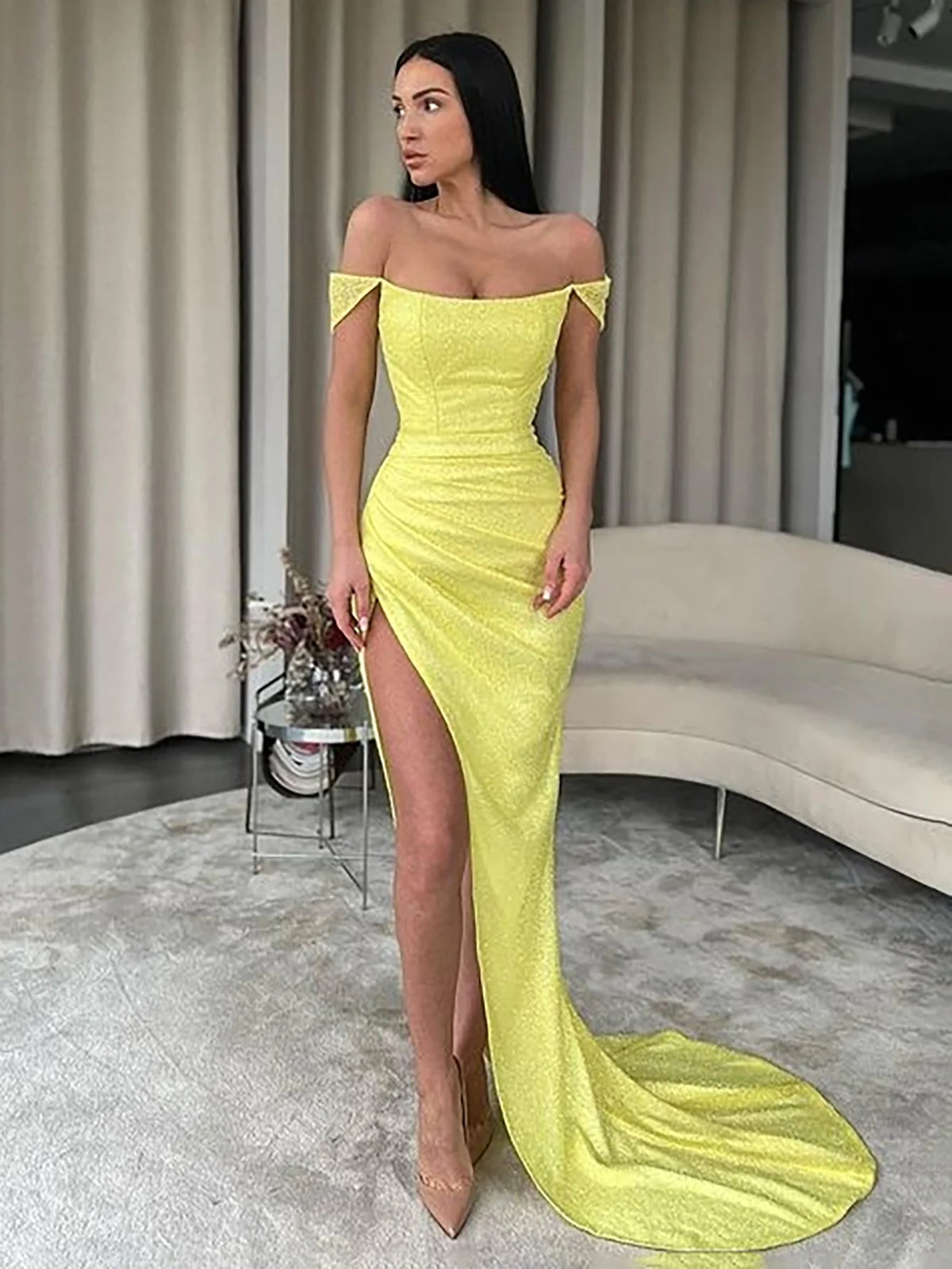 Off the Shoulder Long Prom Dress With Slit