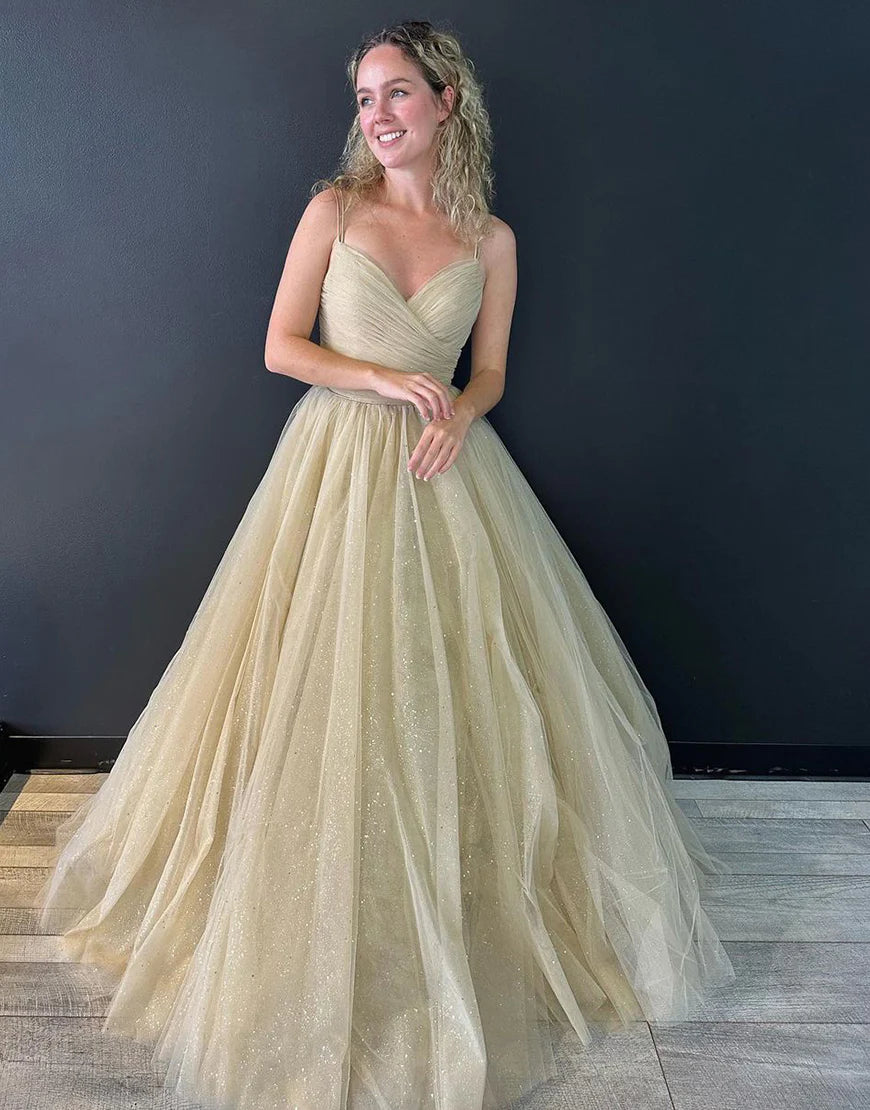A Line V Neck Tulle Long Prom Dress