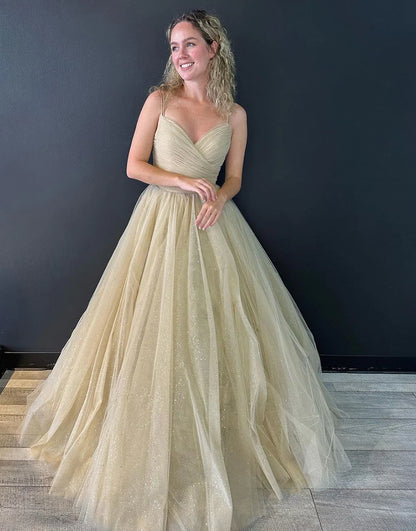 A Line V Neck Tulle Long Prom Dress