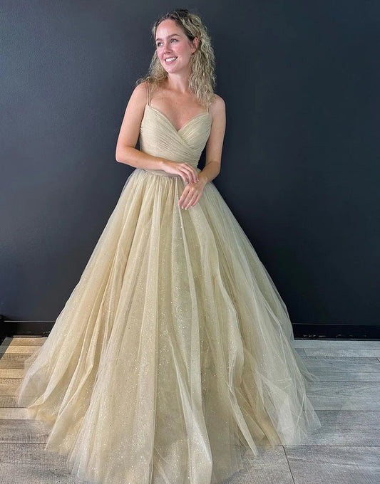 A Line V Neck Tulle Long Prom Dress