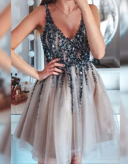 A-Line Pleating Glitter Short Prom Dress Party Dress With Appliques