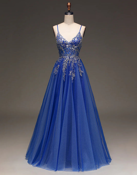 A Line Spaghetti Straps Royal Blue Long Prom Dress with Appliques