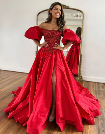 A-Line Strapless Off The Shoulder Long Prom Dress With Puffy