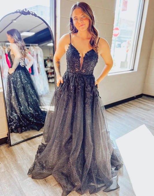 A-Line Tulle Long Prom Dress With Applique