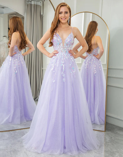 A Line Tulle Backless Long Prom Dress With Appliques