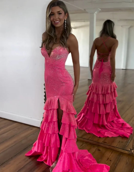 Captivating Fuchsia High Slit Glittering Prom Dress