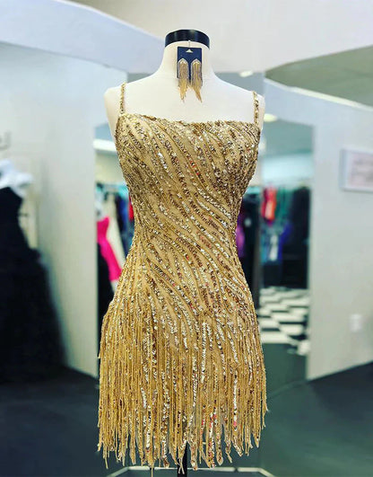 Sparkly Spaghetti Straps Sequins Tight Party Dress With Tassel