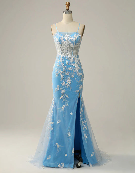 Mermaid Spaghetti Straps Blue Long Prom Dress with Appliques