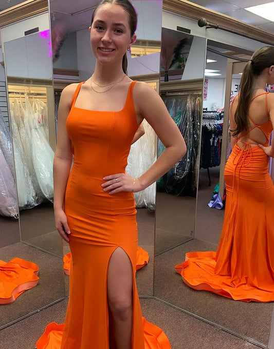Mermaid Square Neck Long Prom Dress With Slit