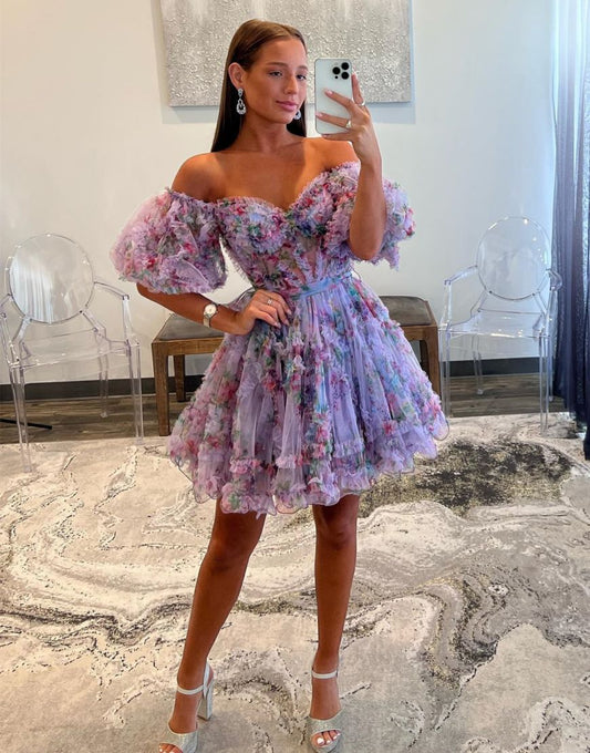Off the Shoulder A Line Puff Sleeves Homecoming Dress