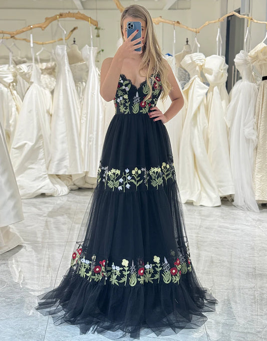 A-Line Long Tulle Prom Dress With Embroidery
