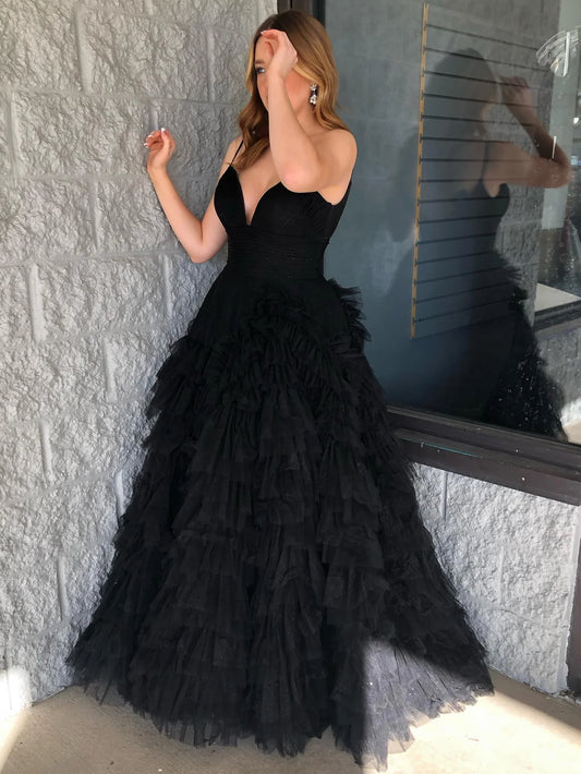 Spaghetti Straps A Line Tulle Long Prom Dress