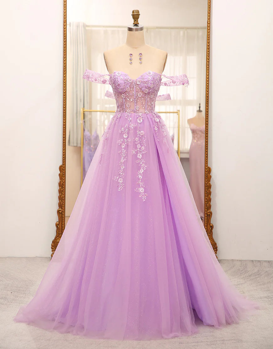 Off The Shoulder Light Purple A-Line Beaded Corset Prom Dress