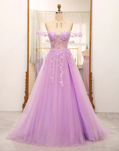 Off The Shoulder Light Purple A-Line Beaded Corset Prom Dress