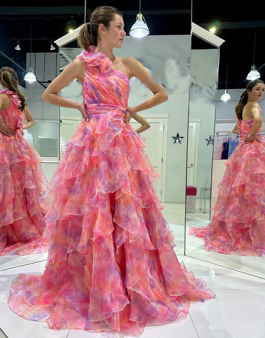 Print A Line One Shoulder Tiered Long Prom Dress