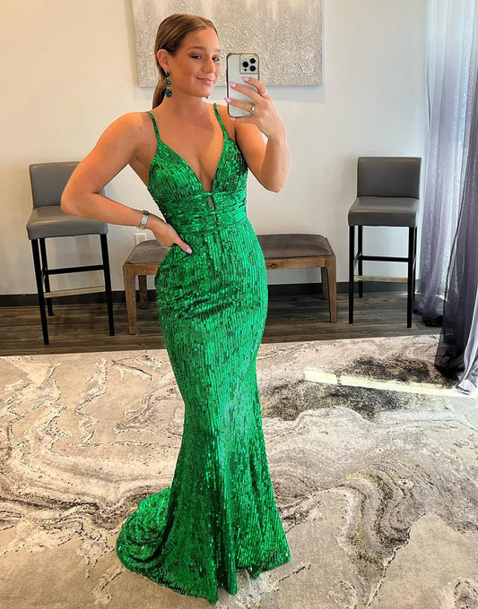 Sequin Mermaid Backless Prom Dress