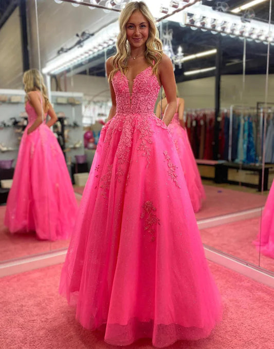 A Line Lace Long Prom Dress With Appliques