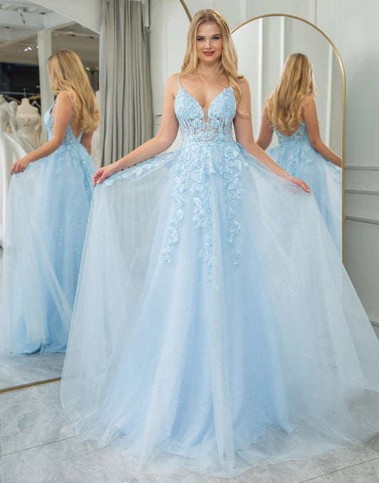 A Line Tulle Long Prom Dress With Appliques
