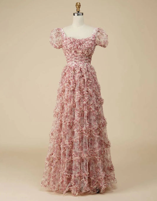 Floral Square Neck Prom Dress with Sleeves