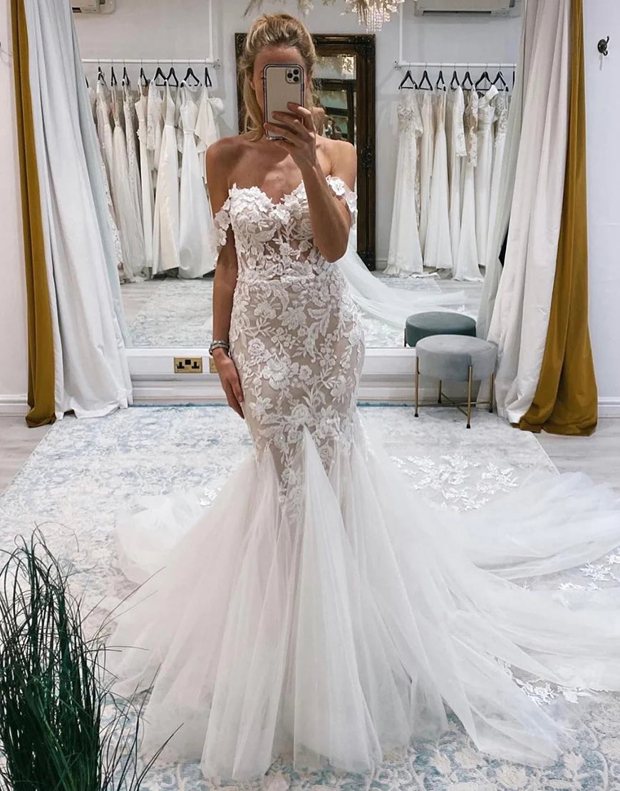 Off the Shoulder Long Lace Mermaid Wedding Dress