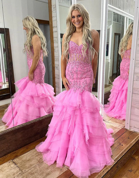 Mermaid Tiered Off The Shoulder Lace Long Prom Dress