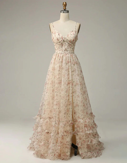 Apricot A Line Print Prom Dress with Slit